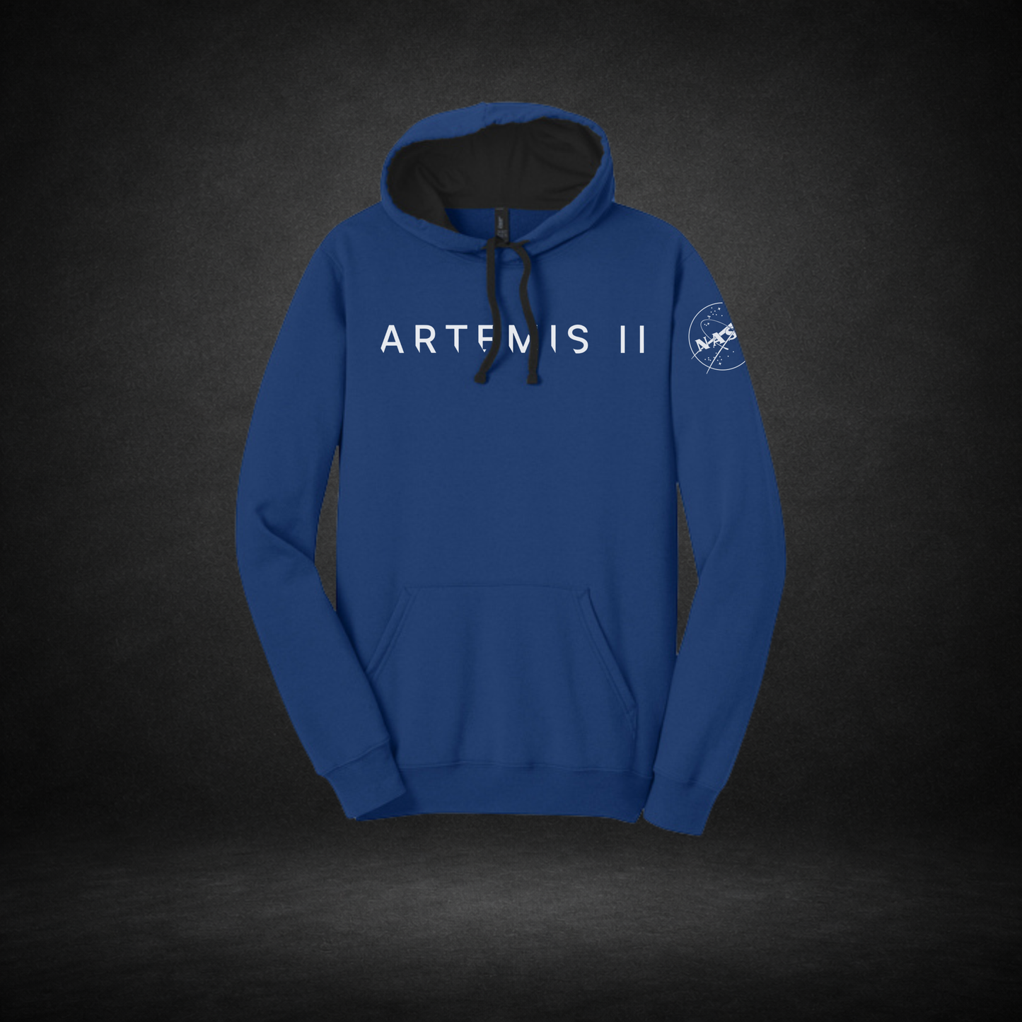 Blue hoodie with 'Artemis II' text and NASA logo on a dark background