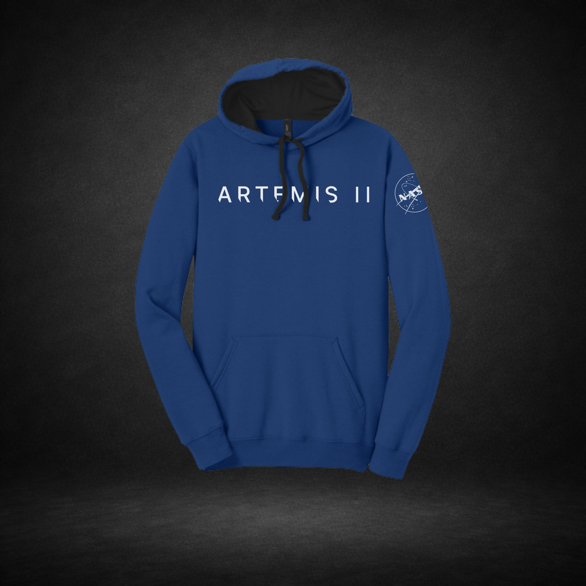 Blue hoodie with 'Artemis II' text and NASA logo on a dark background