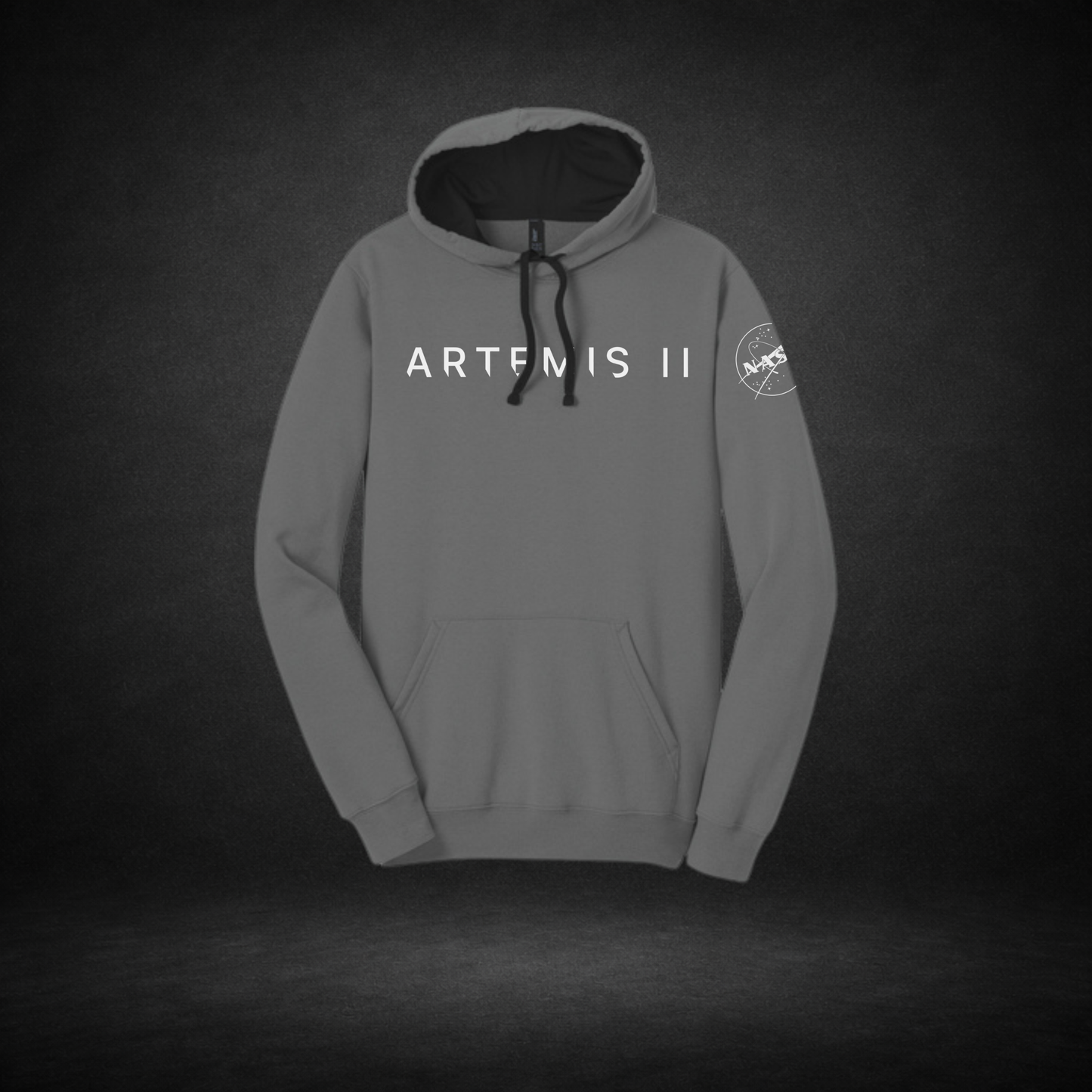 Gray hoodie with 'Artemis II' text and NASA logo on a dark background