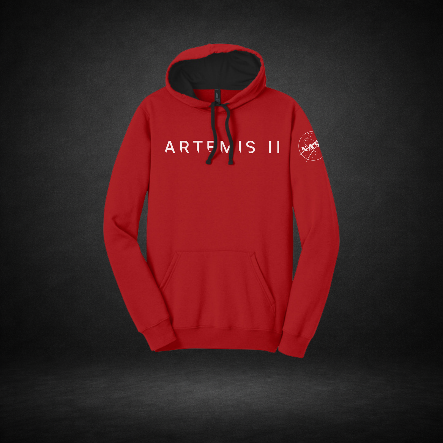 Red hoodie with 'Artemis II' text and NASA logo on a dark background