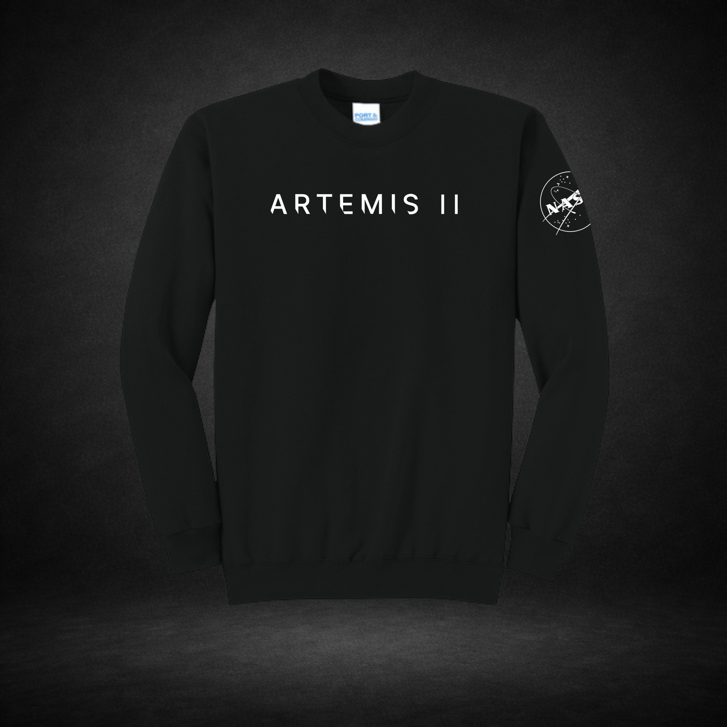 Black sweatshirt with 'ARTEMIS II' text and NASA logo on a dark background