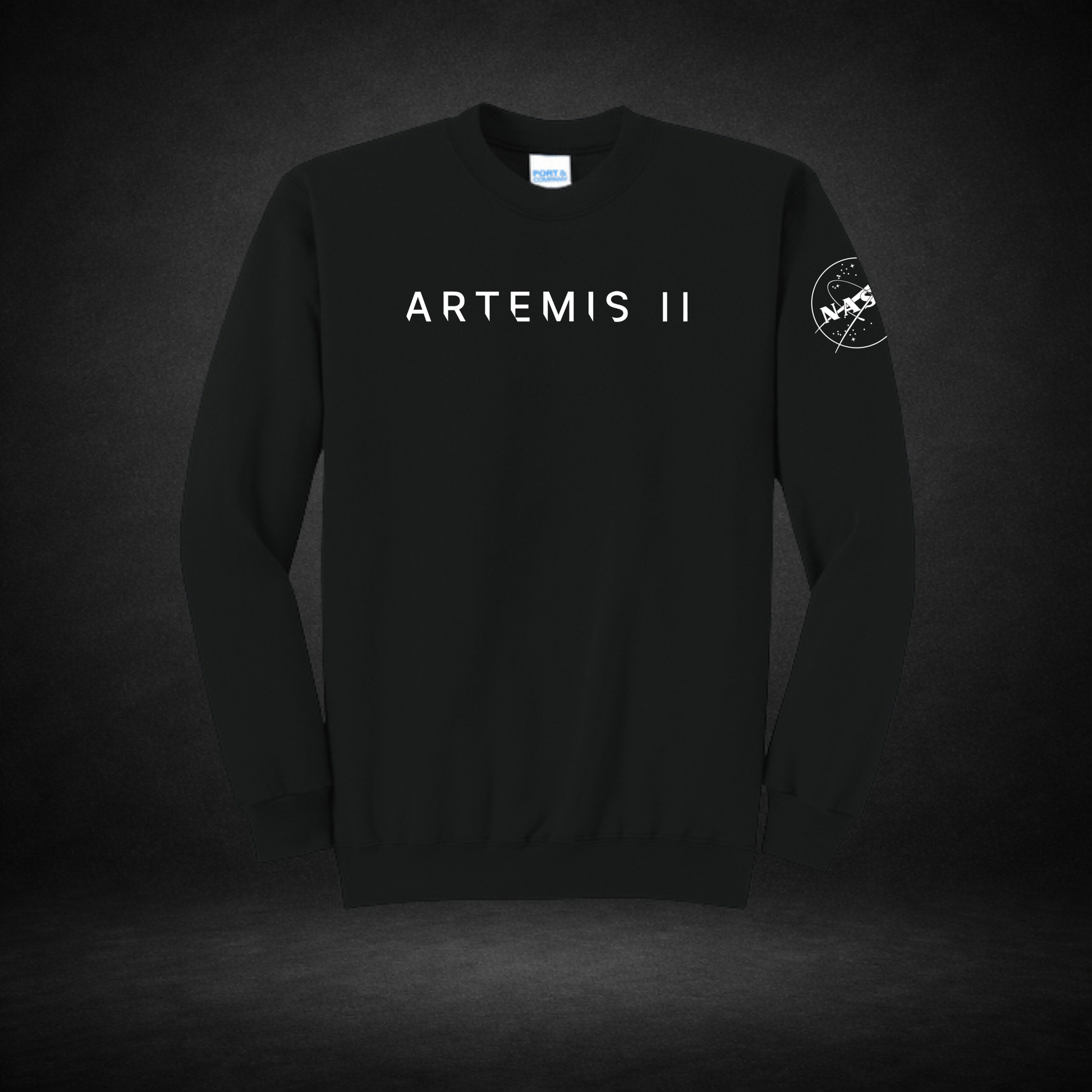 Black sweatshirt with 'ARTEMIS II' text and NASA logo on a dark background