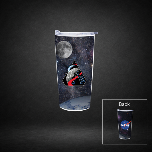 Tumbler with space-themed design featuring a moon and Artemis II logo on one side and the NASA Meatball logo on the other side on a dark background