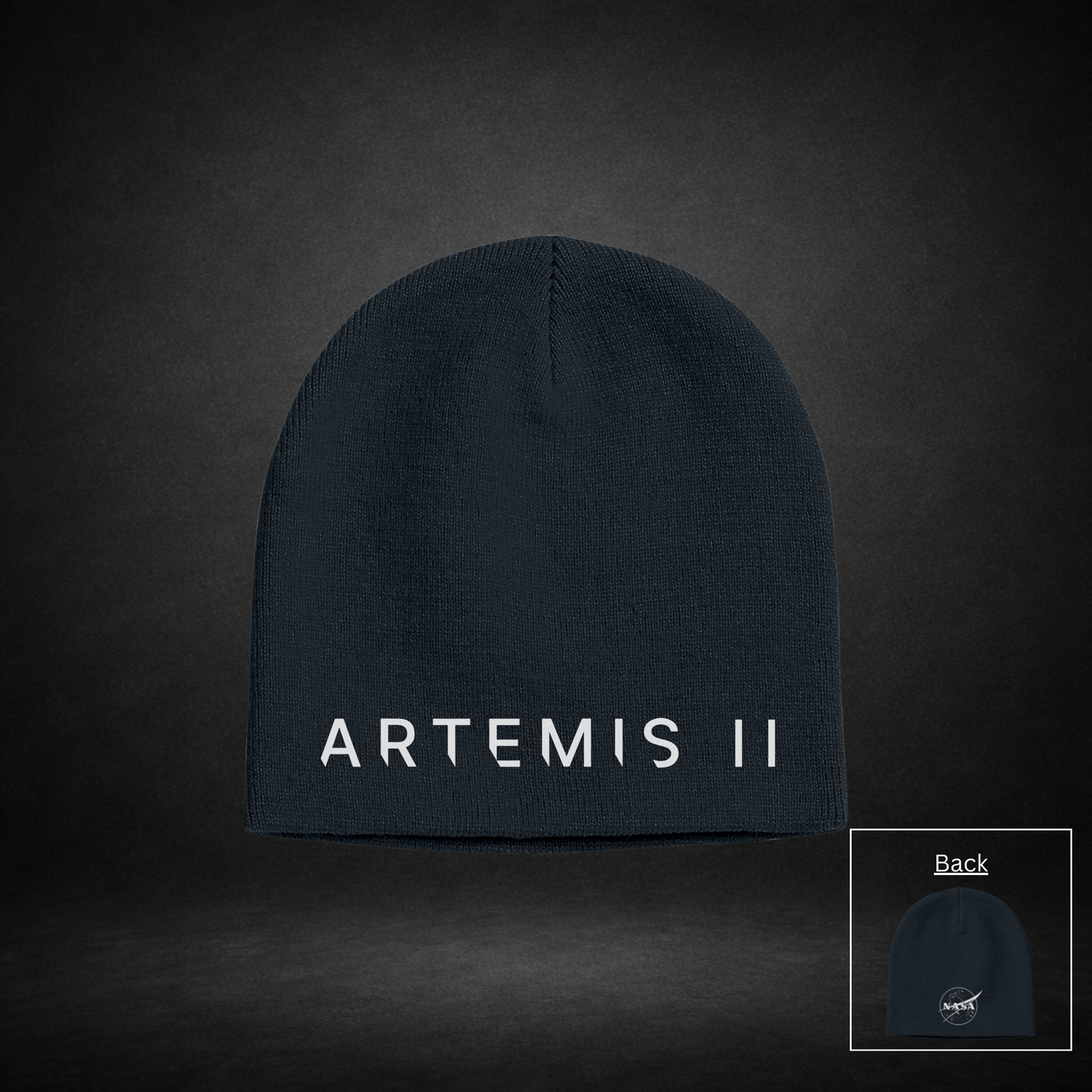 Black beanie with 'ARTEMIS II' text on one side and NASA Meatball Logo on the other side on a dark background
