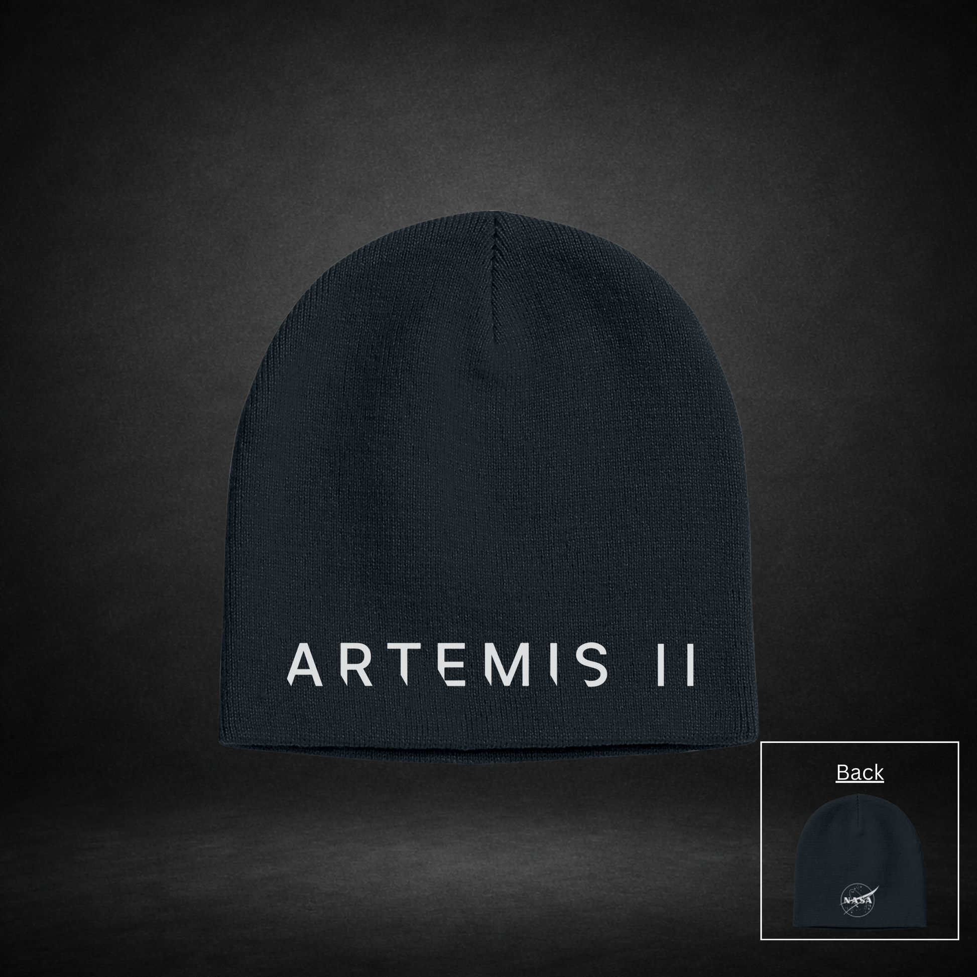 Black beanie with 'ARTEMIS II' text on one side and NASA Meatball Logo on the other side on a dark background