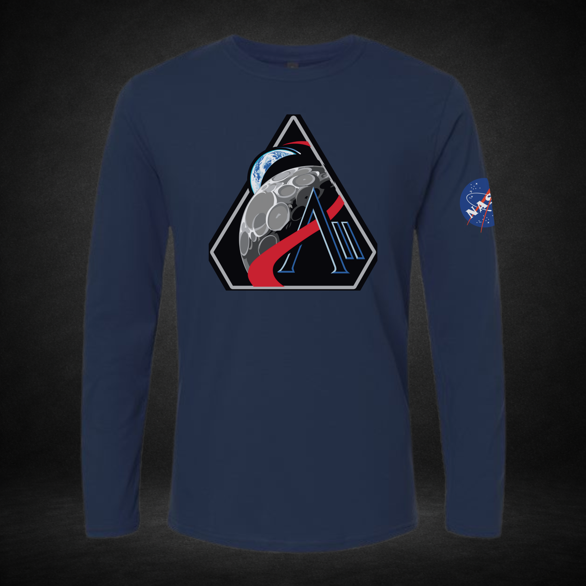 Navy blue long-sleeve shirt with Artemis II and NASA logos on a dark background