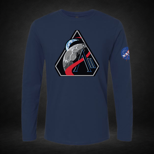Navy blue long-sleeve shirt with Artemis II and NASA logos on a dark background