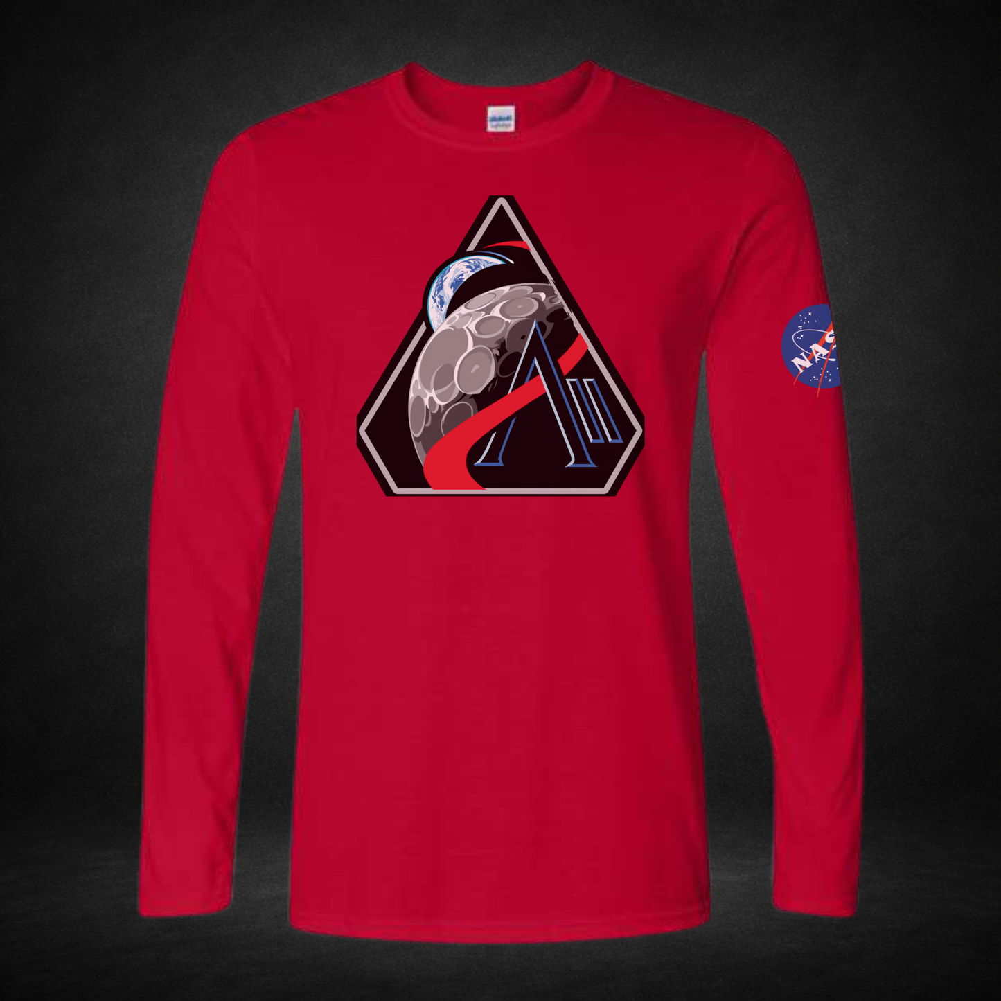 Red long-sleeve shirt with Artemis II and NASA logos on a dark background