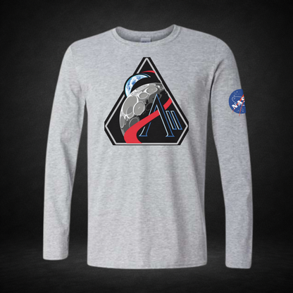 Gray long-sleeve shirt with Artemis II and NASA logos on a dark background