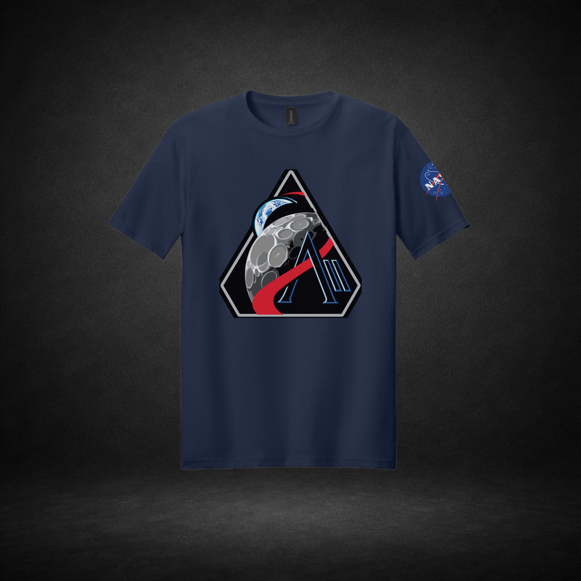 Navy blue t-shirt with Artemis II logo and NASA logo on a dark background
