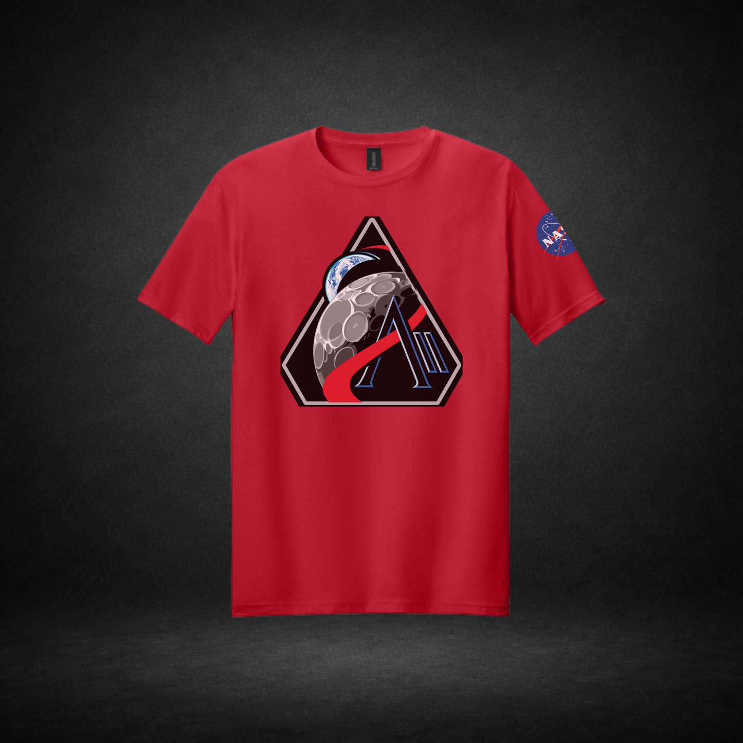 Red t-shirt with Artemis II logo and NASA logo on a dark background