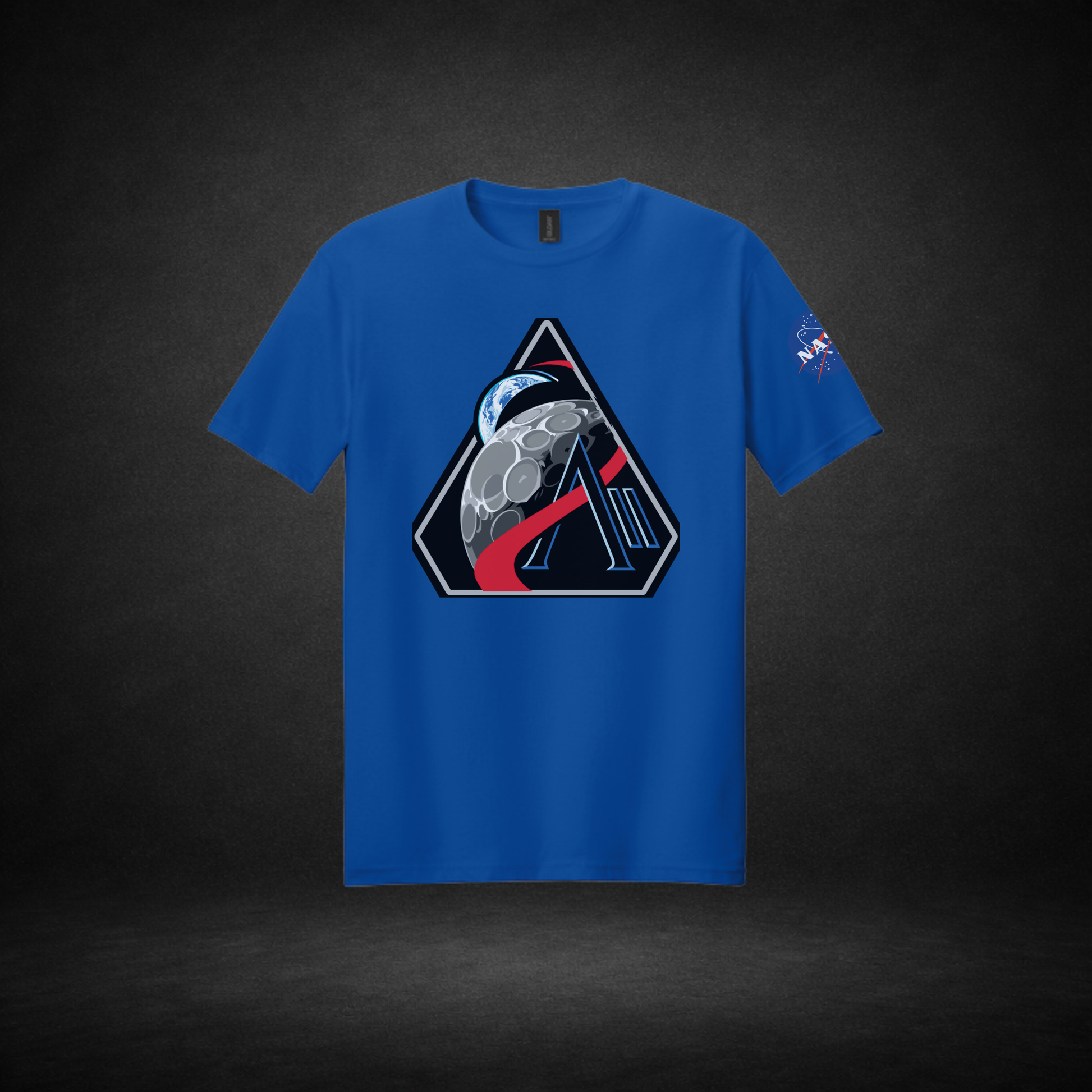 Blue t-shirt with Artemis II logo and NASA logo on a dark background