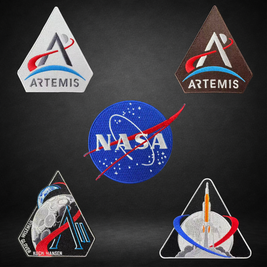White artemis program patch, black artemis program patch, Artemis II mission patch, Artemis I mission patch, NASA Meatball patch