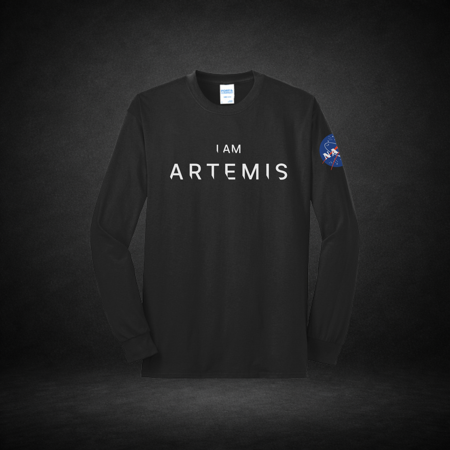 Black long-sleeve shirt with 'I AM ARTEMIS' text and NASA logo on a dark background