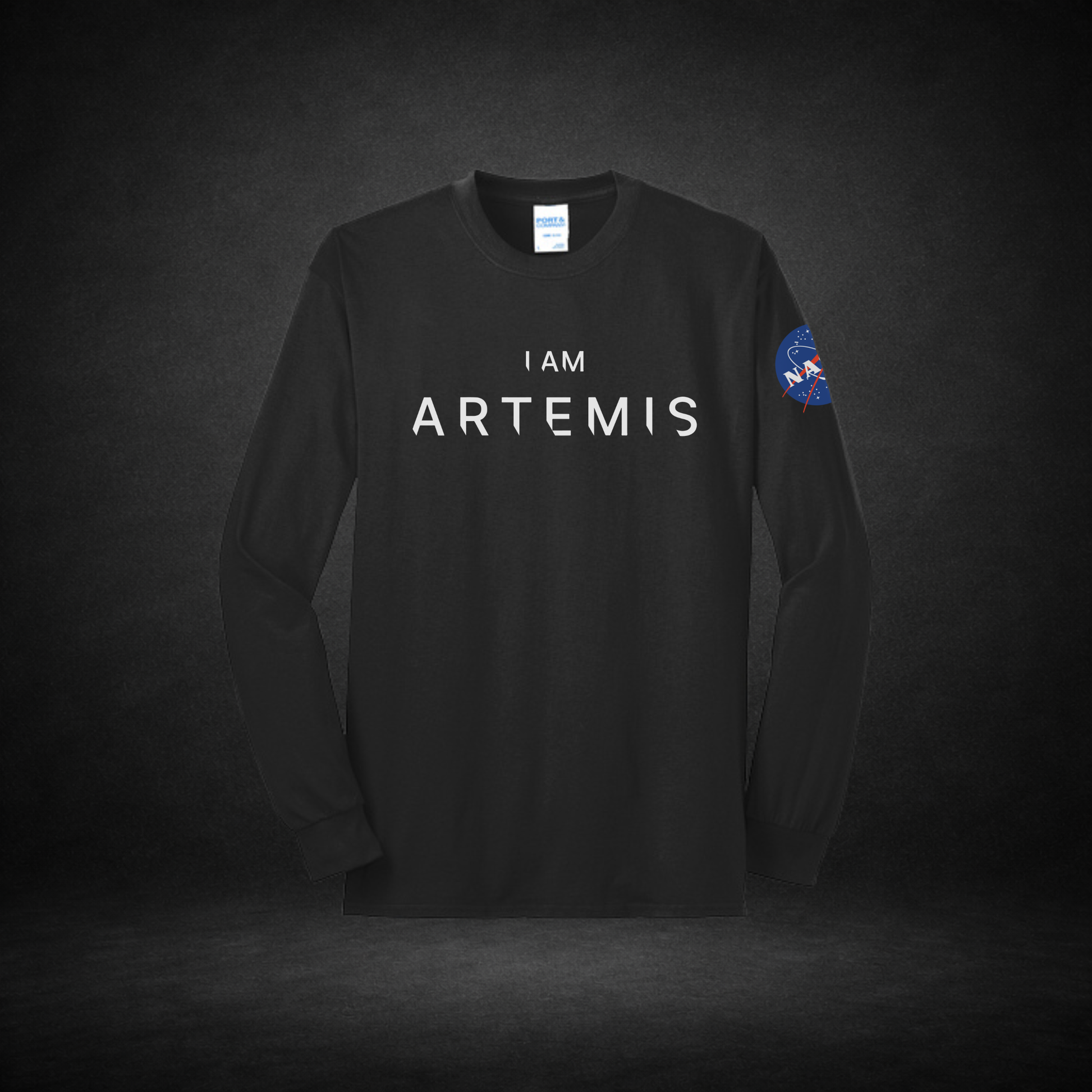 Black long-sleeve shirt with 'I AM ARTEMIS' text and NASA logo on a dark background