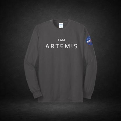 Gray long-sleeve shirt with 'I AM ARTEMIS' text and NASA logo on a dark background