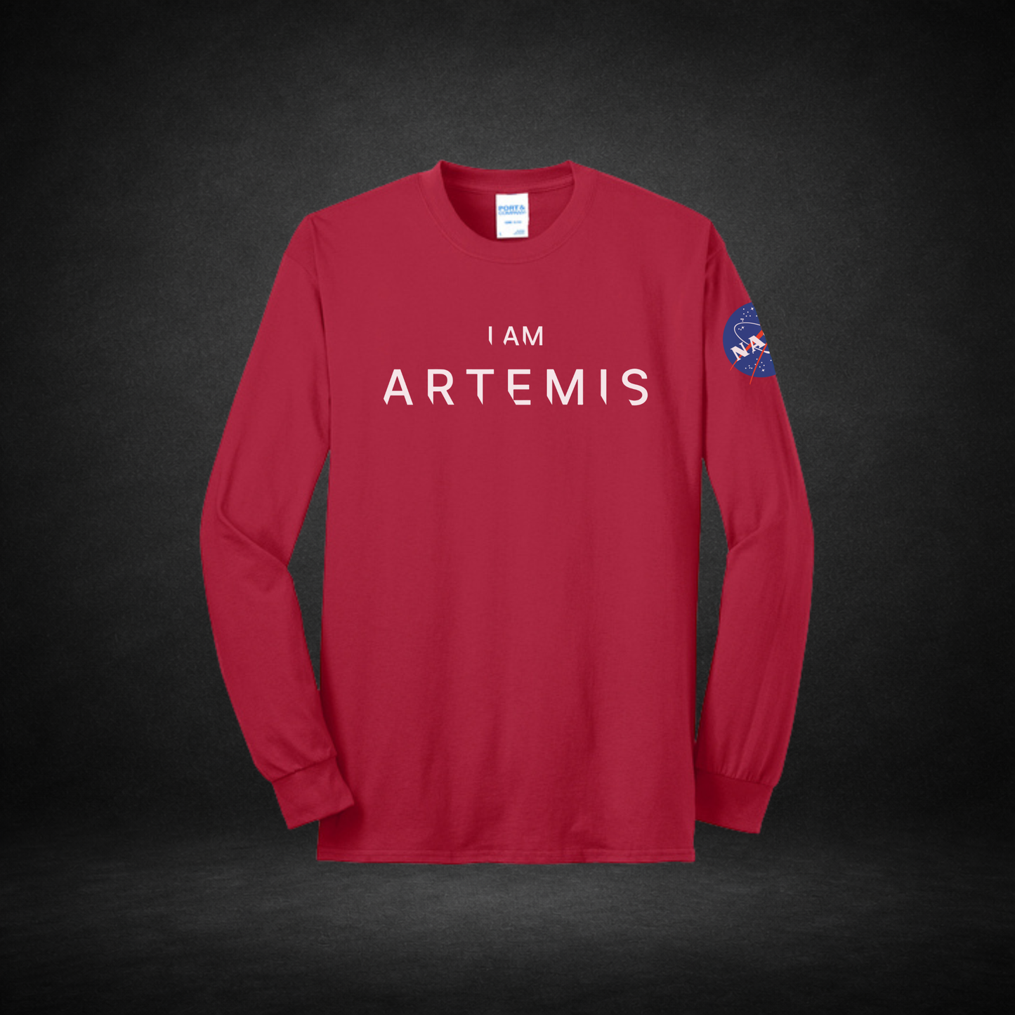 Red long-sleeve shirt with 'I AM ARTEMIS' text and NASA logo on a dark background