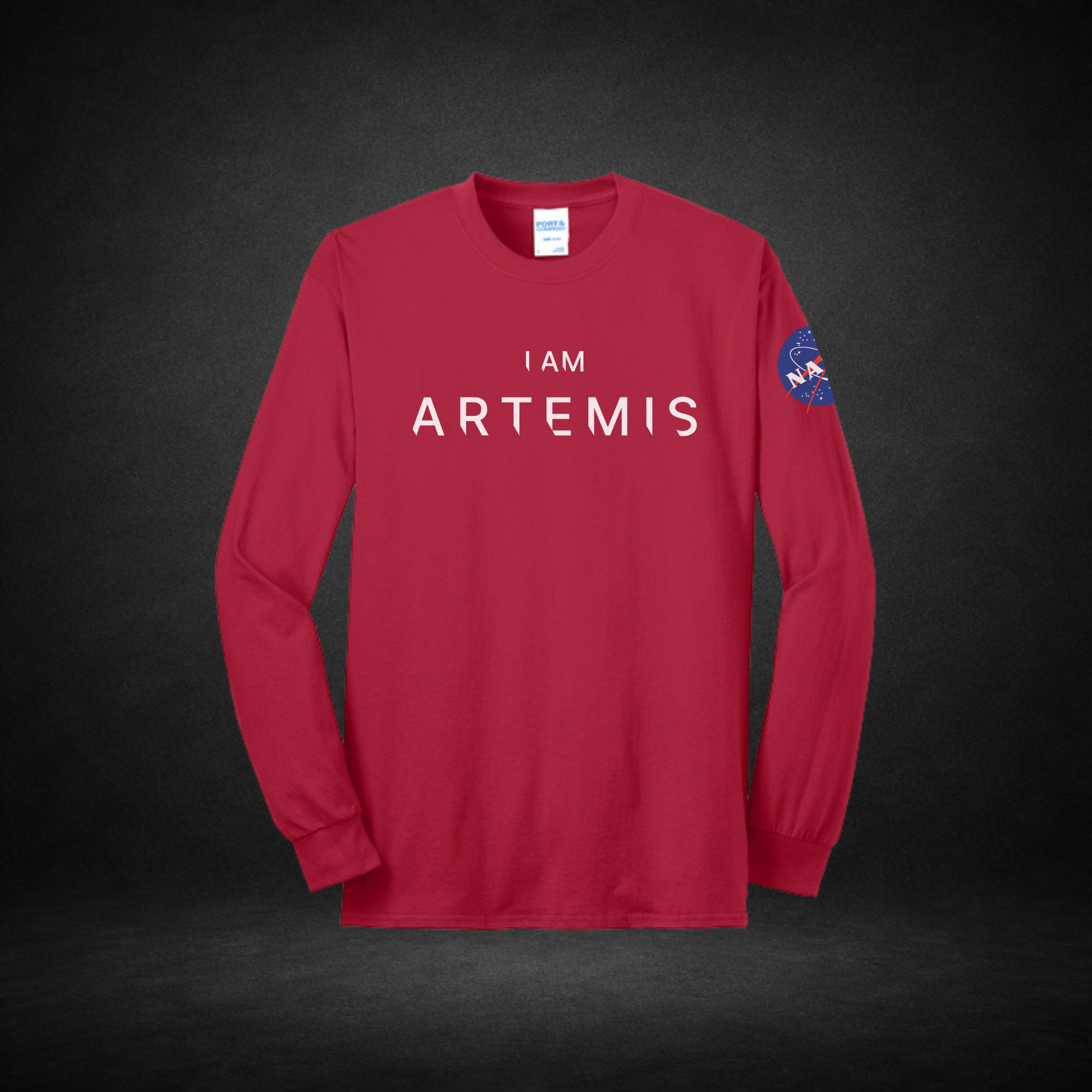 Red long-sleeve shirt with 'I AM ARTEMIS' text and NASA logo on a dark background