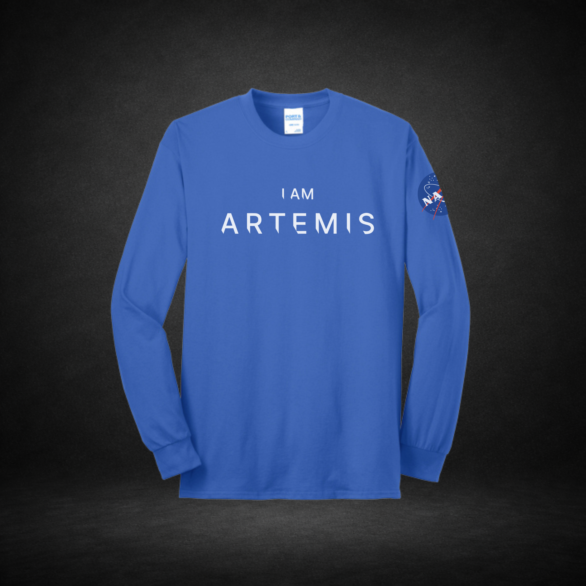 Blue long-sleeve shirt with 'I AM ARTEMIS' text and NASA logo on a dark background