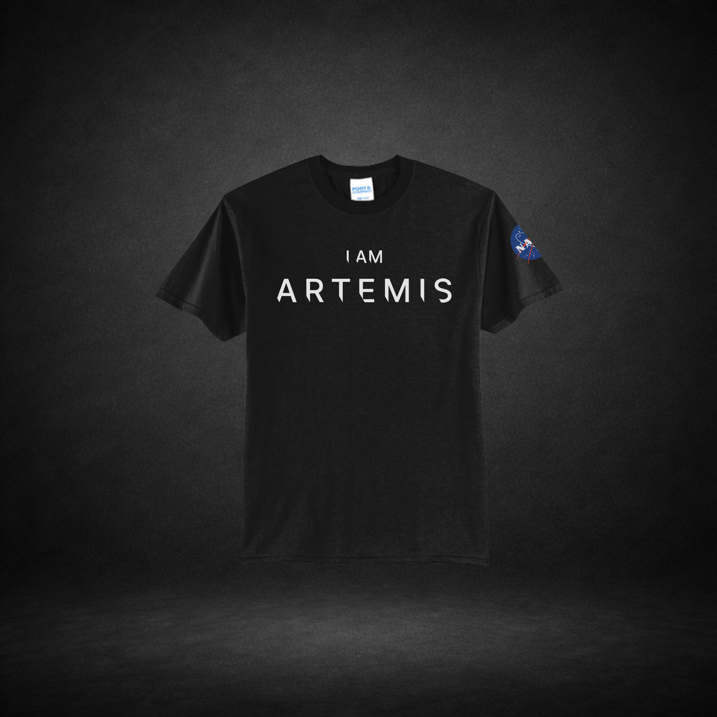 Black t-shirt with 'I AM ARTEMIS' text on a dark background