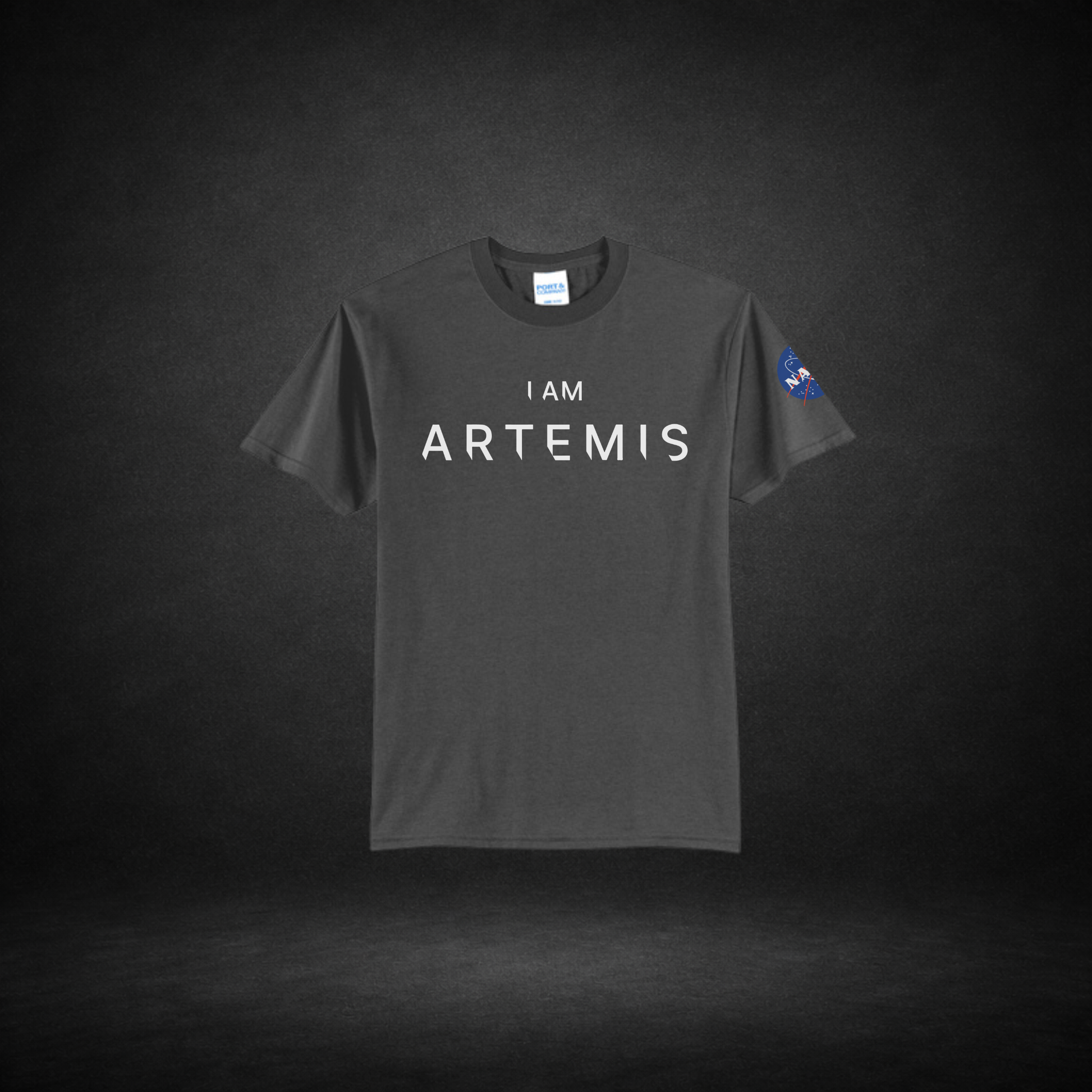 Gray t-shirt with 'I AM ARTEMIS' text on a dark background