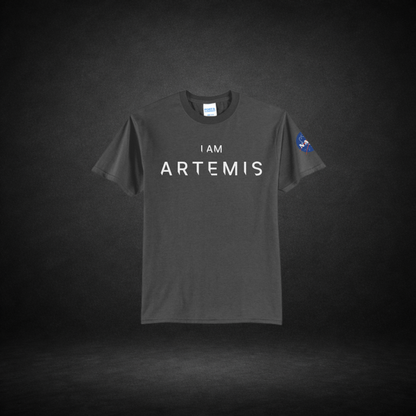Gray t-shirt with 'I AM ARTEMIS' text on a dark background
