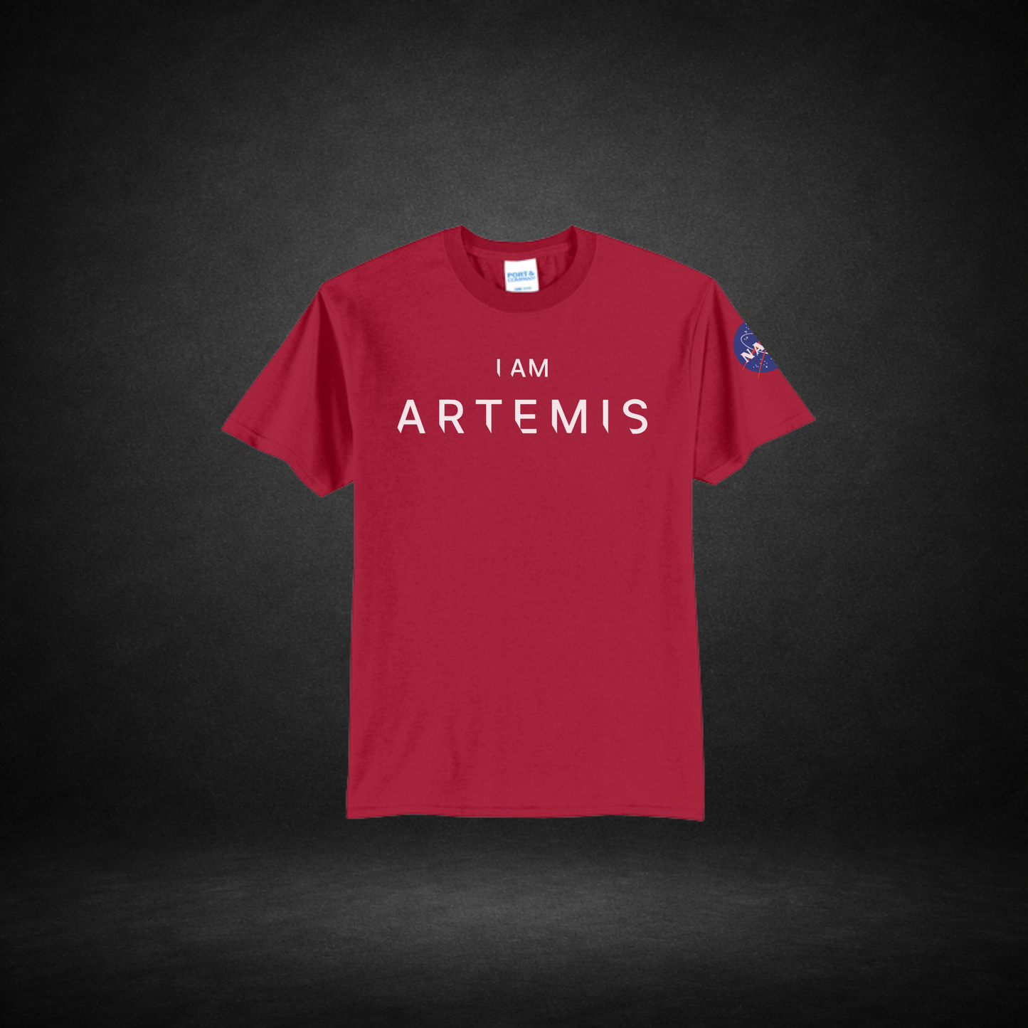 Red t-shirt with 'I AM ARTEMIS' text on a dark background