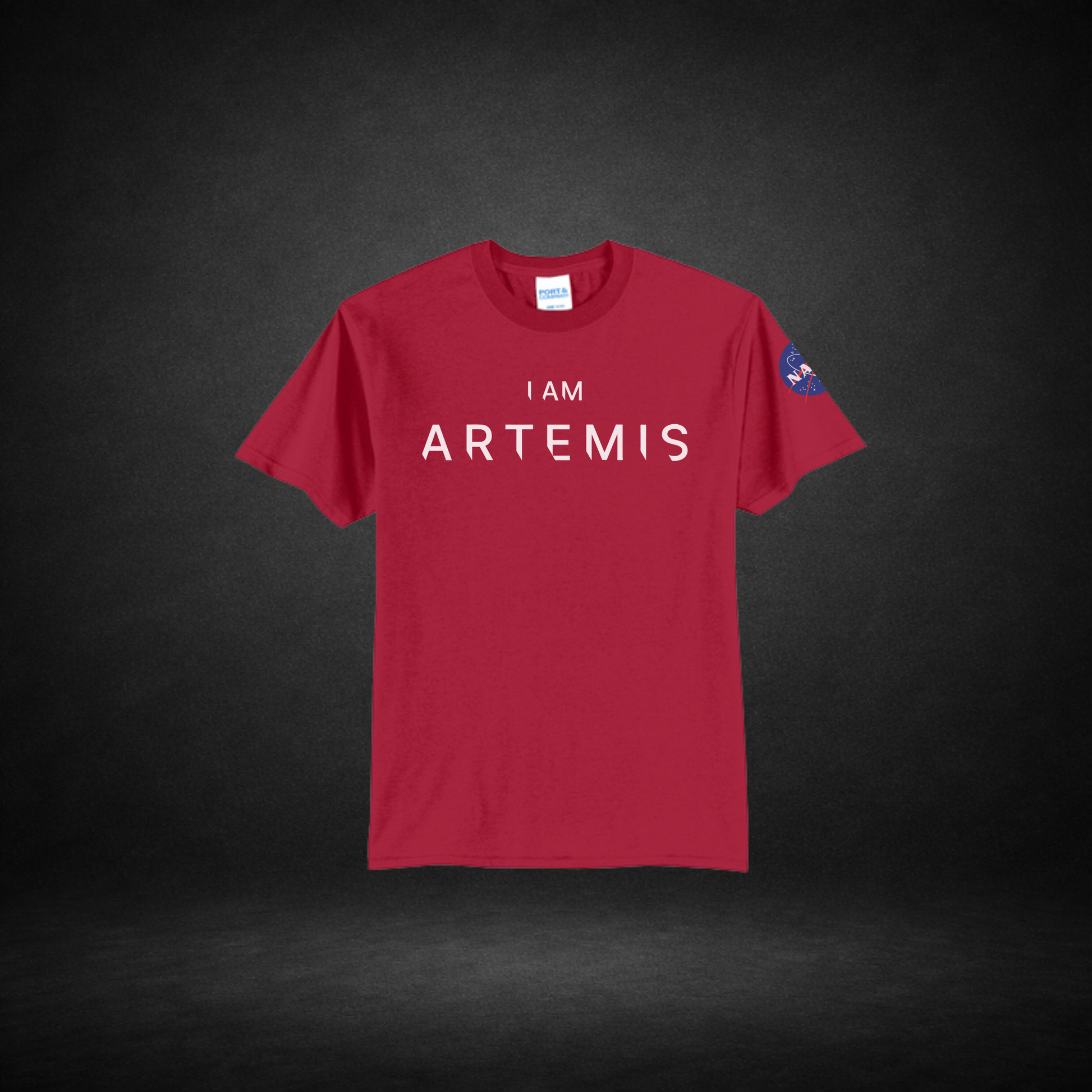 Red t-shirt with 'I AM ARTEMIS' text on a dark background