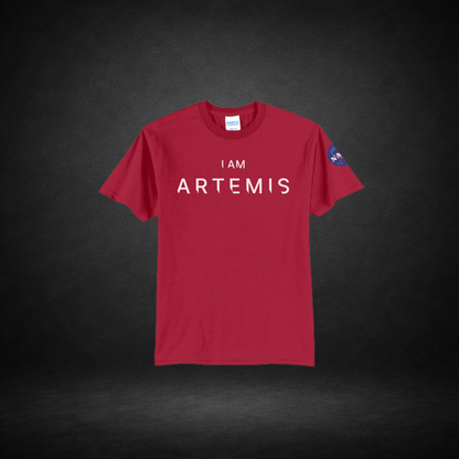 Red t-shirt with 'I AM ARTEMIS' text on a dark background