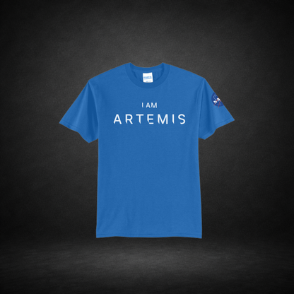 Blue t-shirt with 'I AM ARTEMIS' text on a dark background